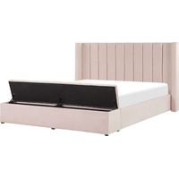 Beliani – Lit double en velours rose pastel 160x200 cm – Tête haute rembourrée – Banc de rangement intégré – Sommier à lattes robustes