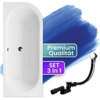 Badewanne Eckbadewanne 150x75 Links + Kopfstütze + Bambus Ablage, Ablauf & Füße GRATIS - Komplettset 5in1 Original Acryl Wanne - BADLAND AVITA