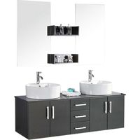 Meuble de salle de bain 150 cm noir avec 2 lavabos en céramique – Double miroir 90x50 cm – 3 tiroirs et 4 portes pour rangement – Eliteshopping