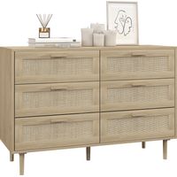 6 - drawer chest of drawers storage furniture with rattan webbing, dimensions: 110L x 40W x 75H cm, light wood appearance