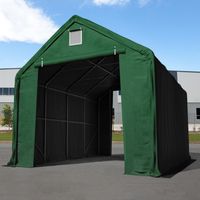 Zelthalle 5x8 m mit 3x3,4 m Tor, PRIMEtex 2300 PVC Plane, feuersicher dunkelgrün mit Statik (Betonuntergrund)