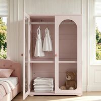 Armoire à 2 portes laquée, armoire de rangement pour chambre, armoire pour enfant, avec tringle à vêtements, portes transparentes en acrylique, poignées en céramique, rose bébé, 80×50×120 cm