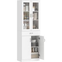 Credenza Cucina con 2 Armadietti e un Cassetto, Mensole Regolabili e Ante in Vetro, 60x35x180 cm, Bianco