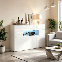 Aparador de salón (140x30x82 cm), con 3 cajones y 5 armarios, iluminación LED con control por app, MDF y metal blanco