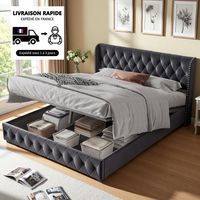 Lit coffre double 140x190 cm, avec tête de lit à boutons rivetés avec sommier à lattes, structure en métal, velours, lit à rembourrage hydraulique pour adultes et adolescents - Gris
