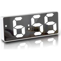 ZOLGINAH Réveil Numérique, 6,7" LED Miroir Horloge Digitale Réveil de Chevet Réveil Matin, Activation vocale/Non Ticking/Snooze/Température/Datetime Luminosité Réglable pour Enfants Adultes, Blanc
