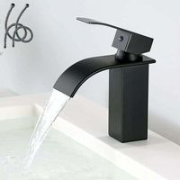 Moderner Einzelwaschtisch-Wasserhahn, schwarzer Wasserfall-Waschtisch-Wasserhahn, elegantes Badezimmer-Wasserhahn-Design, Messing-Badezimmer-Mischbatterie, heißes und kaltes Wasser verfügbar, schwarze