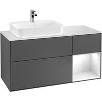 Finion, Mobili lavabo, 1200 x 603 x 501 mm, Angolare, con scaffale (illuminato), modello sospeso, In legno, lavabo a sinistra, illuminazione LED, 1x LED / 2,3W, da 2700 K a 6480 K, Laccato Bianco Luci