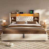 Letto imbottito rétro 140x190 cm in lino beige con testiera a ripiani, vano contenitore idraulico, LED e porte USB/USB-C