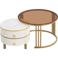 Mesas de Centro Nido Redondas con 2 Cajones, Tablero Blanco Brillo y Cristal Templado Marrón, en MDF, Blanco, 70×70×45 + 50×50×40 cm