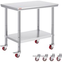 VEVOR Table de Travail en Acier Inoxydable 90x60x85 cm, Table de Preparation des Aliments Capacite de Charge de 317,5 kg, 4 Roues, 3 Niveaux de Hauteur Reglables, pour Cuisine Commerciale, Restaurant