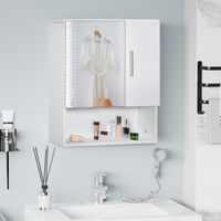 MIroir de salle de bain avec rangement à étagères réglables, miroir de salle de bain avec rangement à 2 portes et étagère ouverte en bois et verre, 54x15.2x55.3 cm, Blanc