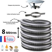 Edilinox – Kit tubage flexible double paroi inox 150mm – Longueur 8 mètres – Collier et chapeau inclus – Résistant aux températures élevées
