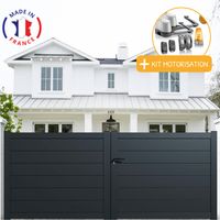 Portail aluminium battant plein en kit + Motorisation dimensions L.3000 (entre piliers) X H.1700 mm LOCKYVIA (à bras) Couleurs Gris (RAL 7016)