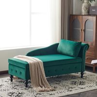 Velvet Chaise Lounge Sofa with Storage, Upholstered Chaise lounge Couch with Pillow for Living Room, Bedroom and Office, Right Armrest, Green