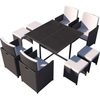 Concept-Usine – Table et chaises 8 places en résine tressée noir et blanc – Salon de jardin repas – Table carrée 110x110cm avec plateau en verre – Coussins déhoussables
