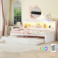 Letto a Scomparsa 90×200 cm, Letto Singolo con Letto Estraibile, LED Regolabile e USB, Vano Laterale, senza Materasso, Bianco