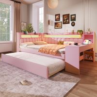 MODFU - Divano letto per adulti 140x200 cm in lino con illuminazione a LED e porta USB, letto matrimoniale per bambini, scrivania integrata, 2 cassetti, rete a doghe, materasso non incluso, rosa
