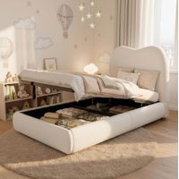 Letto per bambini imbottito fiabesco bouclé beige 90x200 cm con testiera, rete a doghe e vano contenitore idraulico