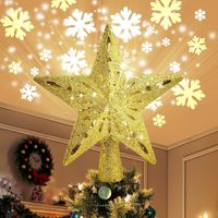 Christmas Tree Light Star with Rotating LED Snowflake Projector, 2 in 1, Gold Glitter, 5 Points, 24cm, for Christmas Tree Decoration (Golden)