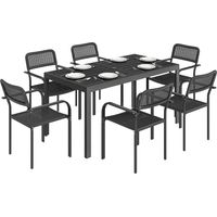 Set da Pranzo Esterno 6 Persone, Tavolo e Sedie con Foro Ombrellone, Nero