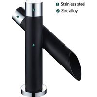 Robinet de salle de bain moderne noir brossé, bec cascade, poignée unique, hauteur minimale 17 cm, design minimaliste.