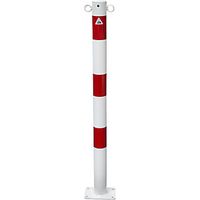 Schake Absperrpfosten aus Stahlrohr verzinkt Ø42x2,5mm weiß mit rot reflektierenden Leuchtstreifen und aufgeschweißter Stahlkappe 900mm Überflur für Dübelbefestigung 100x150mm 2 Ösen