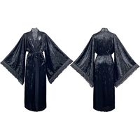 Peignoir de bain kimono en satin et soie pour femme Robe de chambre longue en velours et dentelle, à volants, avec ceinture et manches évasées, tenue d'intérieur sexy multicolore