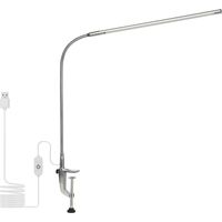 USB-Klemm-Schreibtischlampe mit weißem Licht, silbernem Gehäuse, Touch-Dimmer und Speicherfunktion.