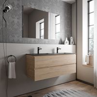 Unterschrank Bernstein AVA 120 cm mit Mineralguss Waschbecken CREAM - Badmöbelfarbe Eiche Honiggold, Waschbecken Schwarz matt mit Hahnloch