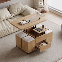 Table basse relevable 100 cm Naturel– 4 tabourets et rangement – Plateau hydraulique – Roulettes verrouillables