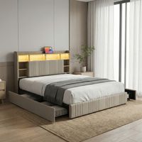 Letto con 4 cassetti 160x200, letto matrimoniale con illuminazione LED e porta USB, testiera con contenitore, legno e lino, stile moderno, Beige