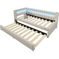 Canapé-lit daybed 90x200 cm gigogne avec LED, USB-C, lin beige