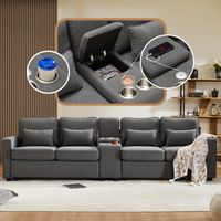 Modernes 4-Sitzer-Sofa aus Leinenstoff mit Getränkehalter, USB-Steckdosen, Sofa mit 4 Kissen für Wohnzimmer, Büro, 290 x 83 x 88 cm, Grau
