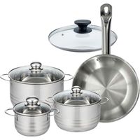Set 1 poêle 28 cm en inox et 1 couvercle verre, 3 faitouts inox 16, 20 et 24 cm Fackelmann Eterna