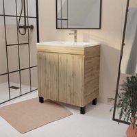 meuble de salle de bains 70 cm timber - décor chêne naturel à portes avec vasque céramique blanche