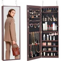 Armario para Joyas de 108 cm de Alto con Cerradura y Espejo de Cuerpo Entero, Armario de Joyas con Espejo para Montaje en Pared o Puerta con Luces LED Interiores y Forro de Terciopelo, Marrón