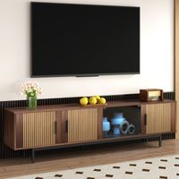 MEUBLES COSY Meuble TV bas à texture sculptée, avec bande lumineuse LED et porte en verre trempé.