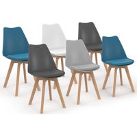 Set di 6 sedie SARA mix cromatico: bianca, grigio chiaro, 2 blu anatra, 2 grigio scuro
