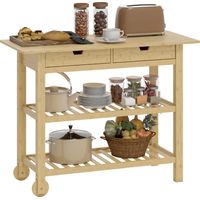 Carrello Cucina in Legno di Bambù con 2 Cassetti, 2 Ripiani a Doghe e 2 Rotelle, 100x43x75 cm, Legno