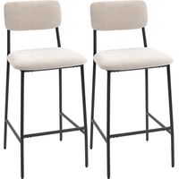 Set 2 Bar stools, high kitchen stools in chenille with high backrest, footrests and thick soft seat, steel structure, high bar chairs, for peninsula, dining room, counter, cream