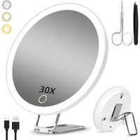 Miroir Grossissant Lumineux 30X, 15cm - 3 Modes de Couleur Dimming, Grand Miroir de Voyage Rechargeable avec 3 Ventouses et Support de Table 360°
