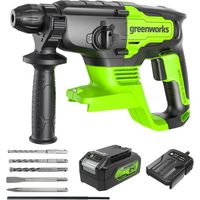 Martillo perforador rotativo sin escobillas GREENWORKS de 24 V con sistema SDS - 2 julios - Batería de 4,0 Ah y cargado