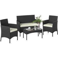 Ensemble salon de jardin en rotin synthétique, canapé, fauteuils, table en verre trempé et coussins noir et crème
