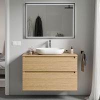 BERNSTEIN - Mobile lavabo sospeso MDF rovere miele, Piano lavabo rovere miele, cassetti girevoli - 80x46x62cm - VIREO Rovere Miele Oro, Rovere miele oro