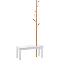 HOMCOM Perchero de Pie con Banco Colgador Tipo Árbol Moderno 6 Ganchos para Colgar Ropa Bolsa Pasillo Entrada Bambú y MDF 80x30x180cm