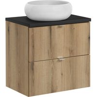 Set VANO Eichen- und Schwarzoptik 60cm: Unterschrank mit Schubladen + Platte für Waschbecken + Aufsatzwaschbecken rund weiß