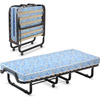 COSTWAY ☀️90x200cm Gästebett mit Matratze aus Rückstellschaum, Klappbares Einzelbett, Stabiler Metallbett bis 120 kg, Klappbett auf Rädern, Faltbett für Büro & Gästezimmer, Tragbares Bett (Blau)
