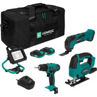 Vonroc – Pack d'outils électroportatifs 20V – Perceuse-visseuse, scie sauteuse, outil multifonction, lampe LED – 2 batteries 2.0Ah et chargeur rapide inclus