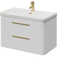 Oslo Gloss White 800mm Wall Mounted 2 Drawer Vanity Unit with Fina Basin - 800mm - Brushed Brass 300mm Finger Pull